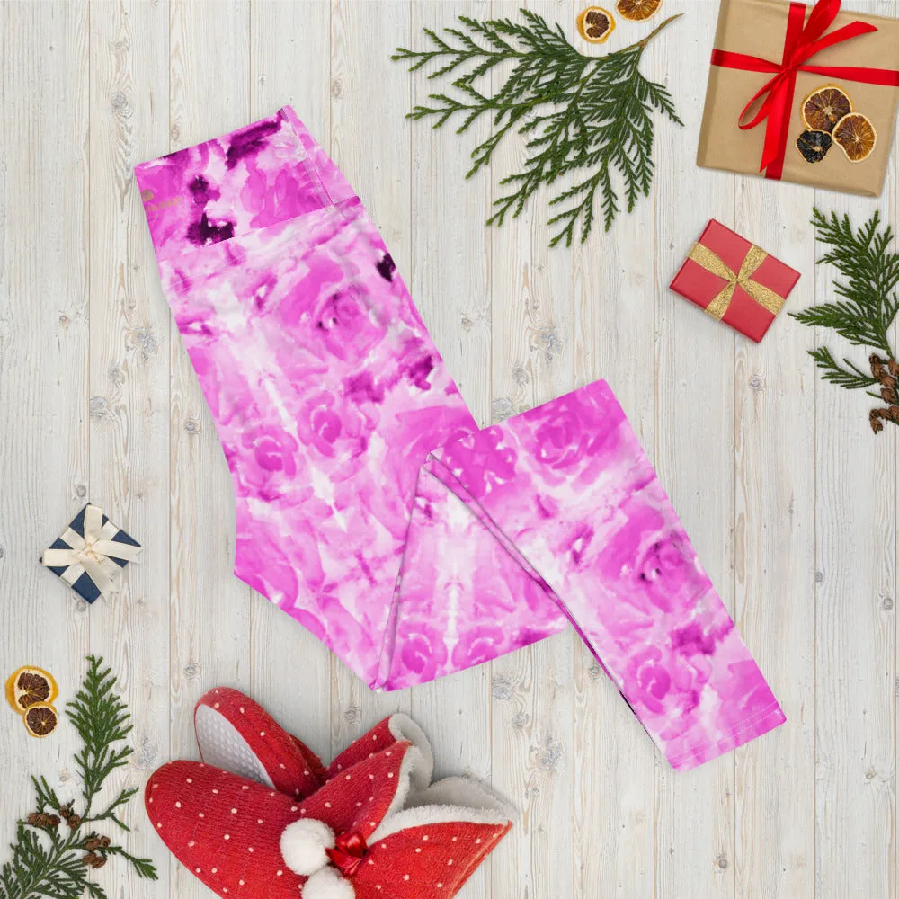 Hot Pink Floral Yoga Leggings, Best Rose Flower Print Athletic Long Tights-Made in USA/EU/MX