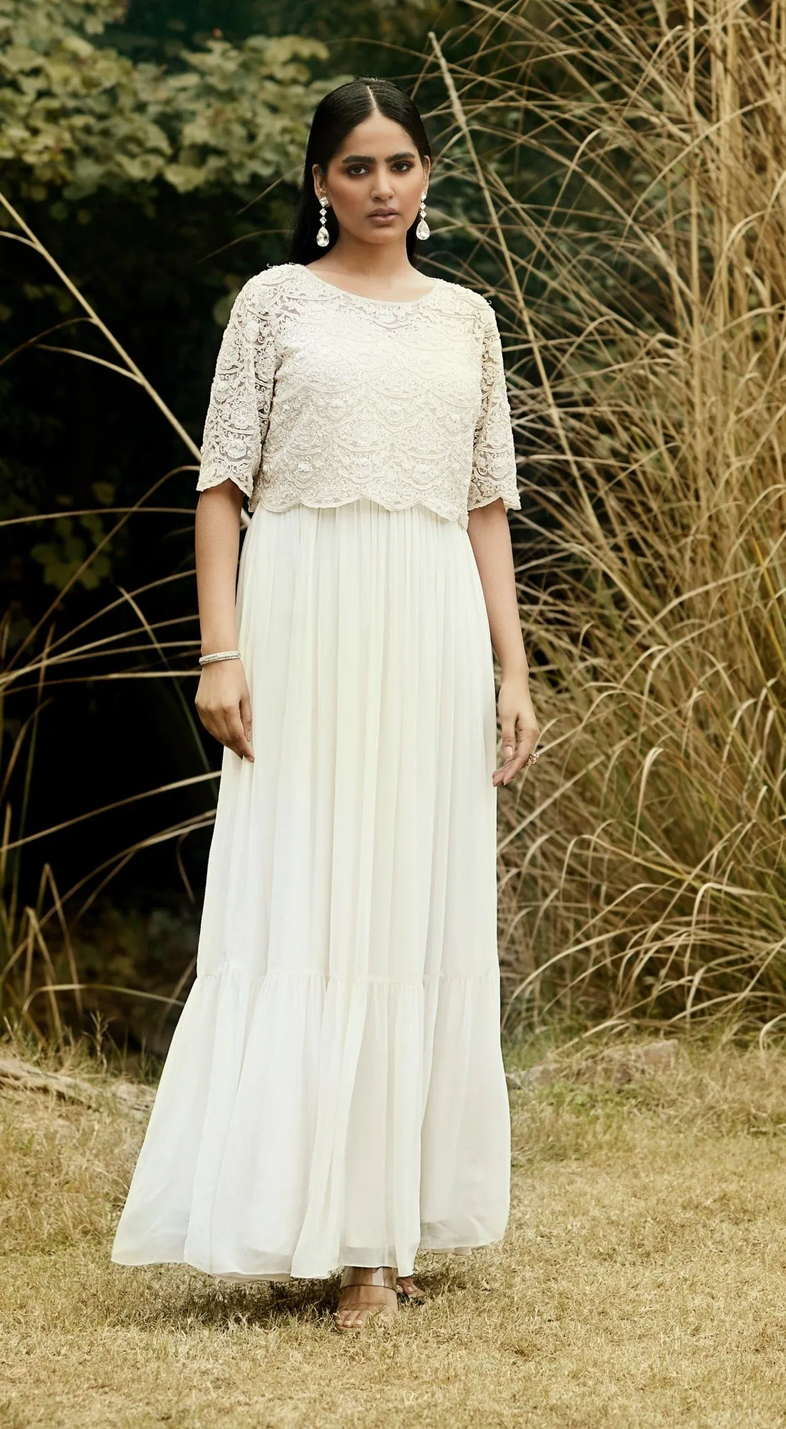 Ivory Embroidered Dress & Cape Set