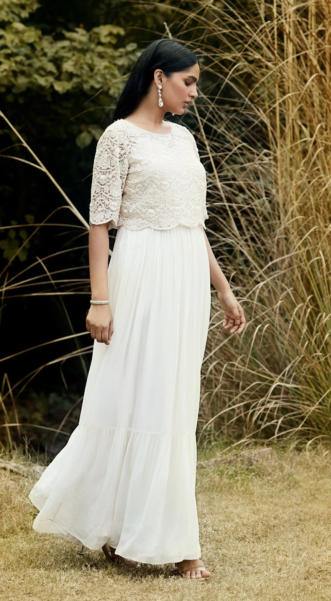Ivory Embroidered Dress & Cape Set