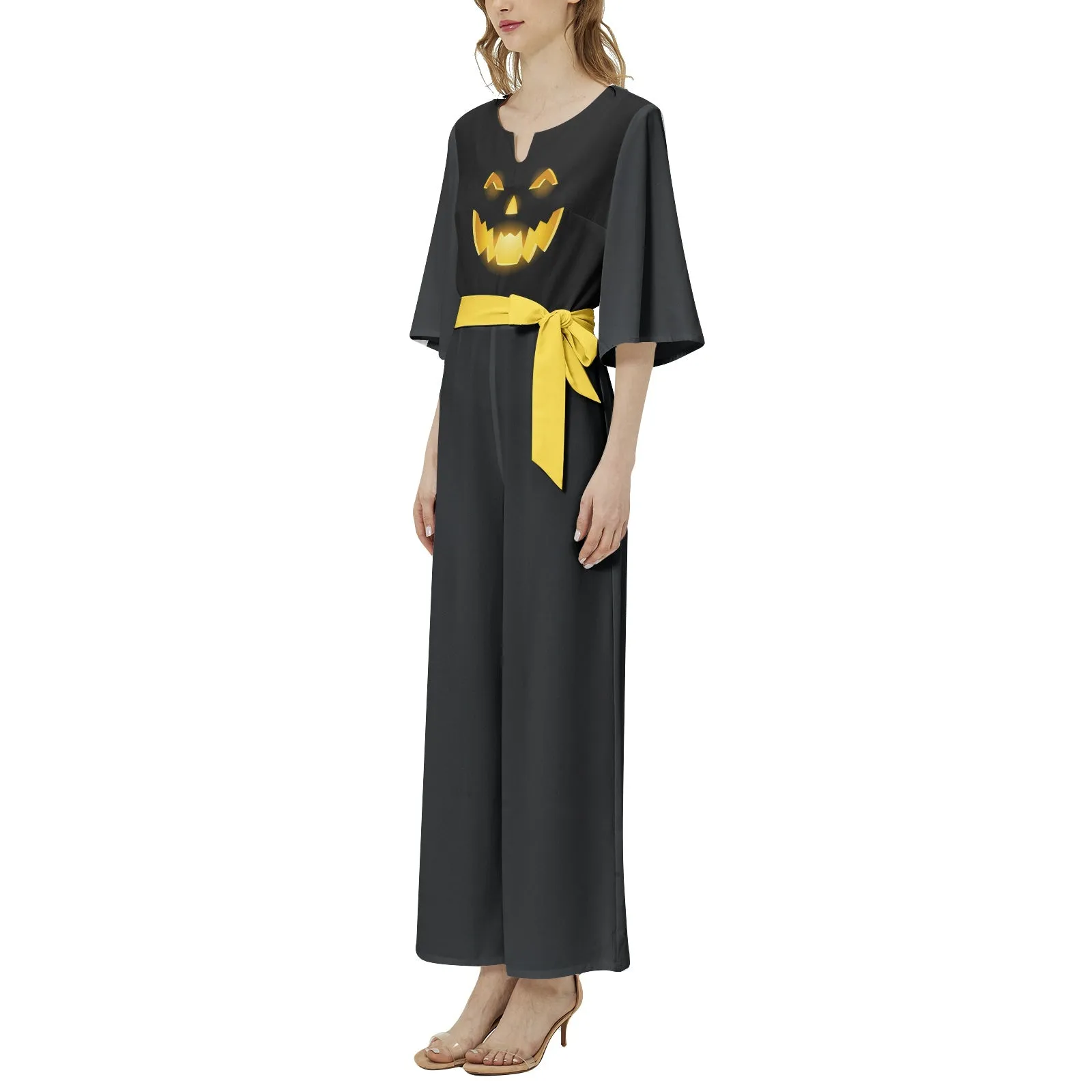 Jack o Lantern Dolman Sleeve Belted Wide Leg Jumpsuit