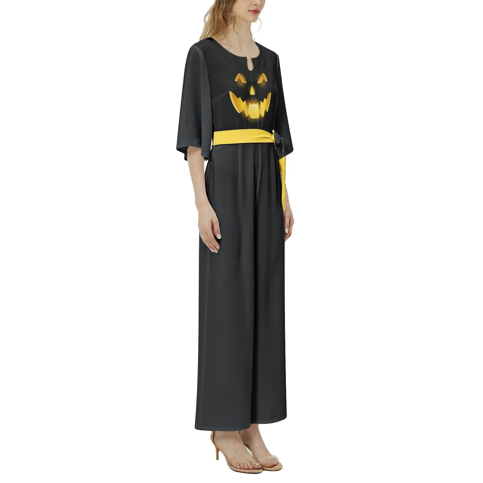 Jack o Lantern Dolman Sleeve Belted Wide Leg Jumpsuit