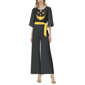 Jack o Lantern Dolman Sleeve Belted Wide Leg Jumpsuit