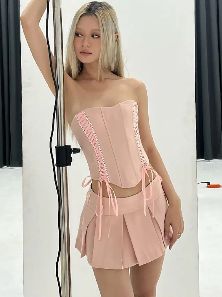 Joskaa Casual Two Piece Sets Women Skir Suit Pink Strapless Lace Up Crop Top A-line Skirt Female Summer Outside Streetwear