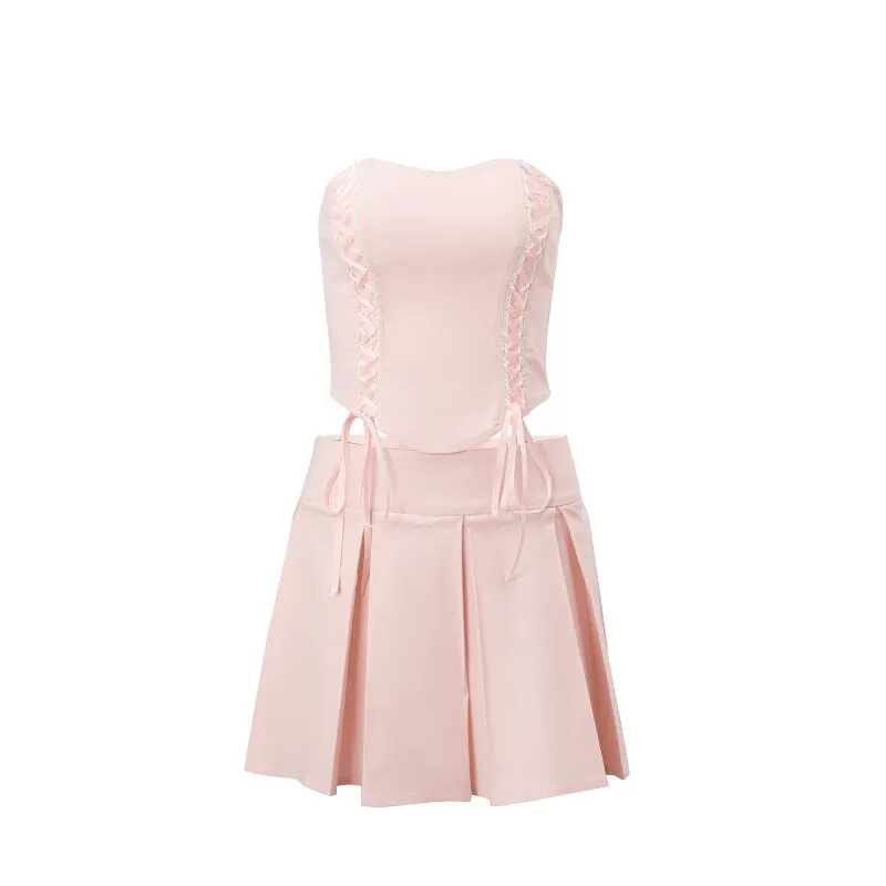 Joskaa Casual Two Piece Sets Women Skir Suit Pink Strapless Lace Up Crop Top A-line Skirt Female Summer Outside Streetwear