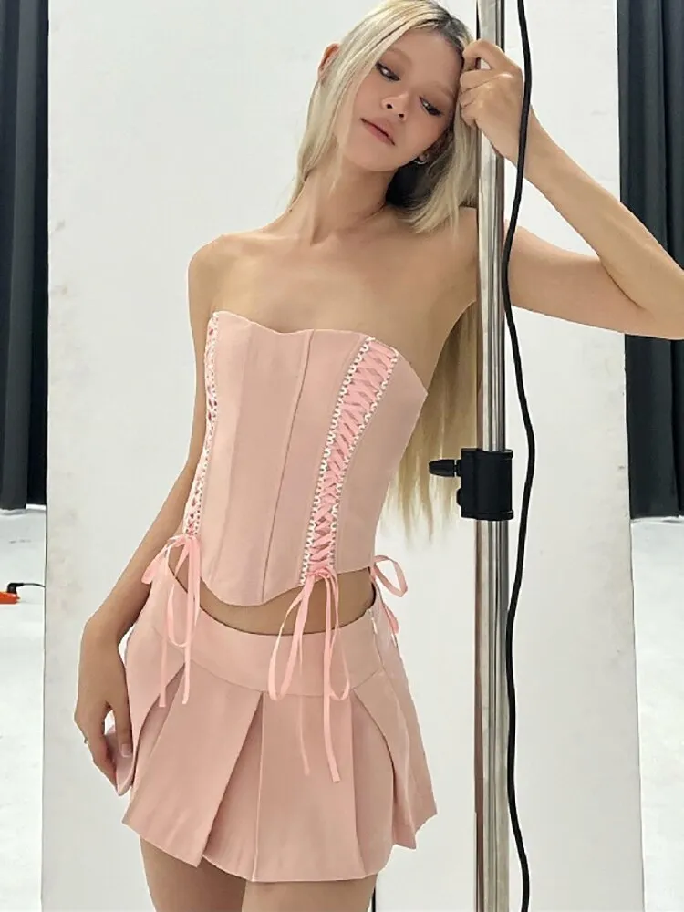 Joskaa Casual Two Piece Sets Women Skir Suit Pink Strapless Lace Up Crop Top A-line Skirt Female Summer Outside Streetwear