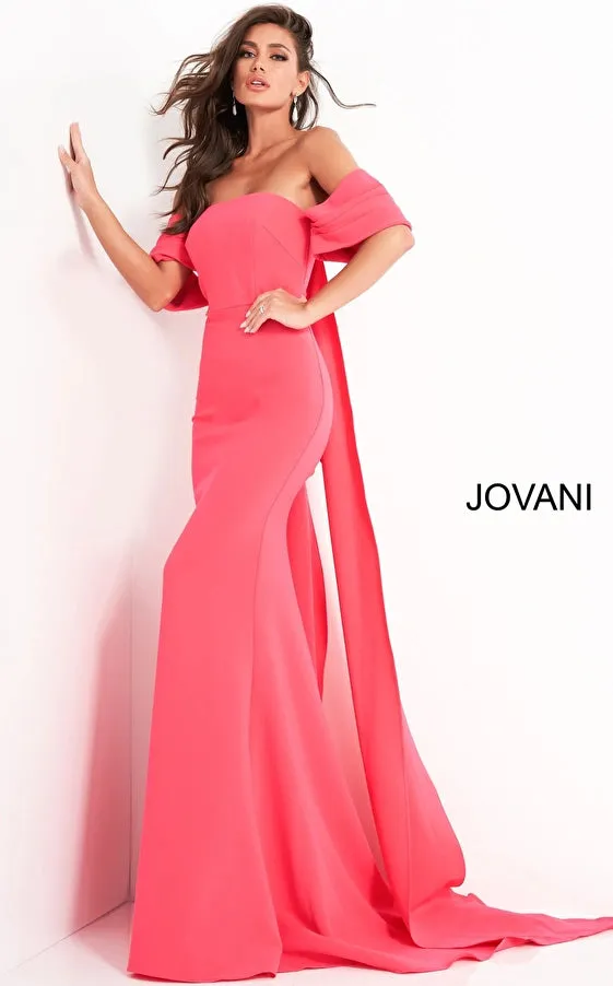 Jovani 04350 Off the shoulder crepe evening dress with cape train