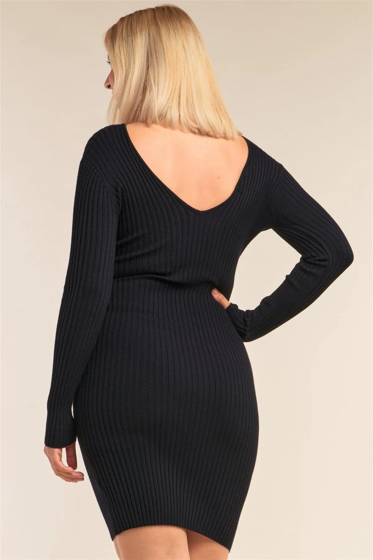 Junior Plus Size V-Neck Ribbed Sweater Bodycon Mini Dress