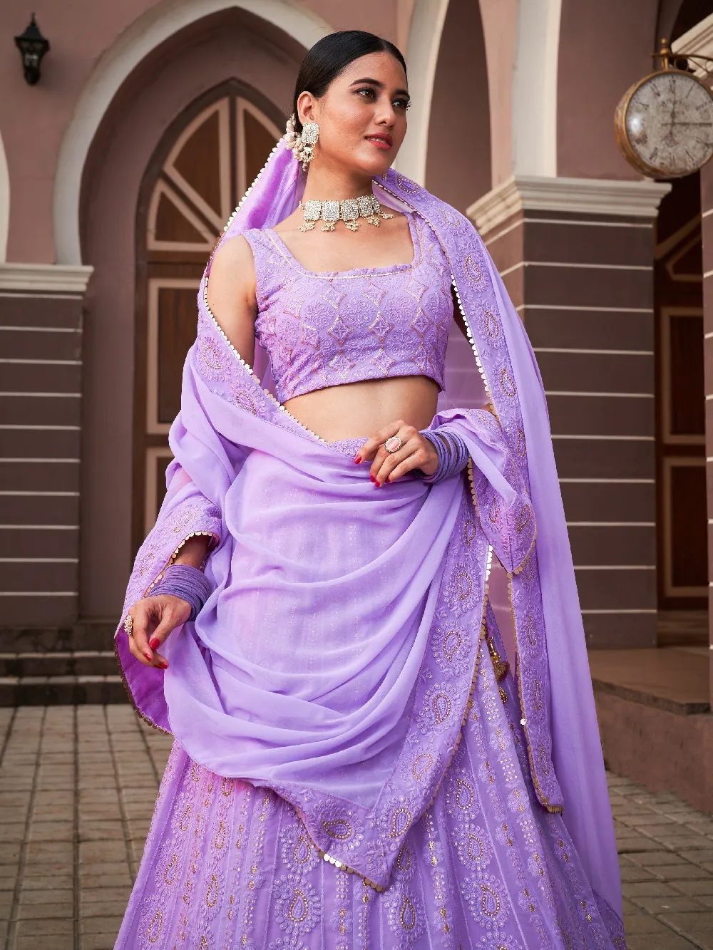 Lavender Color Lucknowi With Sequins Work Georgette Lehenga Choli