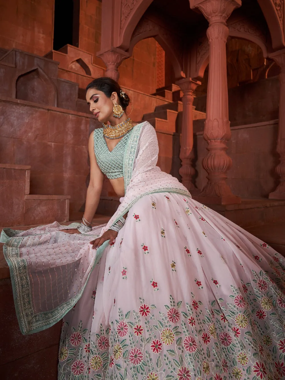 Light Pink Color Sequins With Embroidery Work Georgette Lehenga Choli