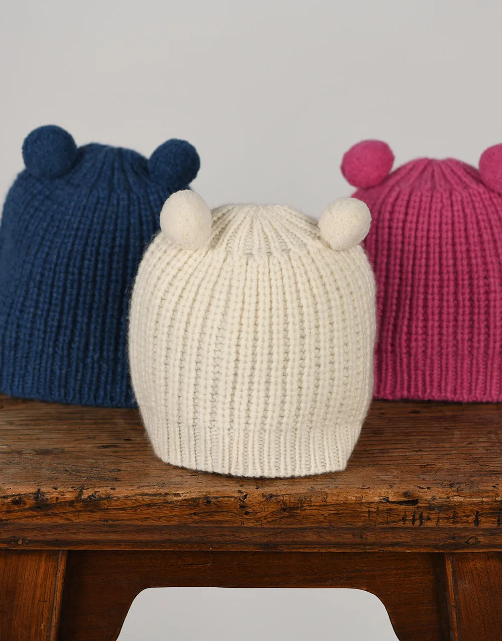 Little Cashmere Beanie with Pom Pom Ears in Ivory