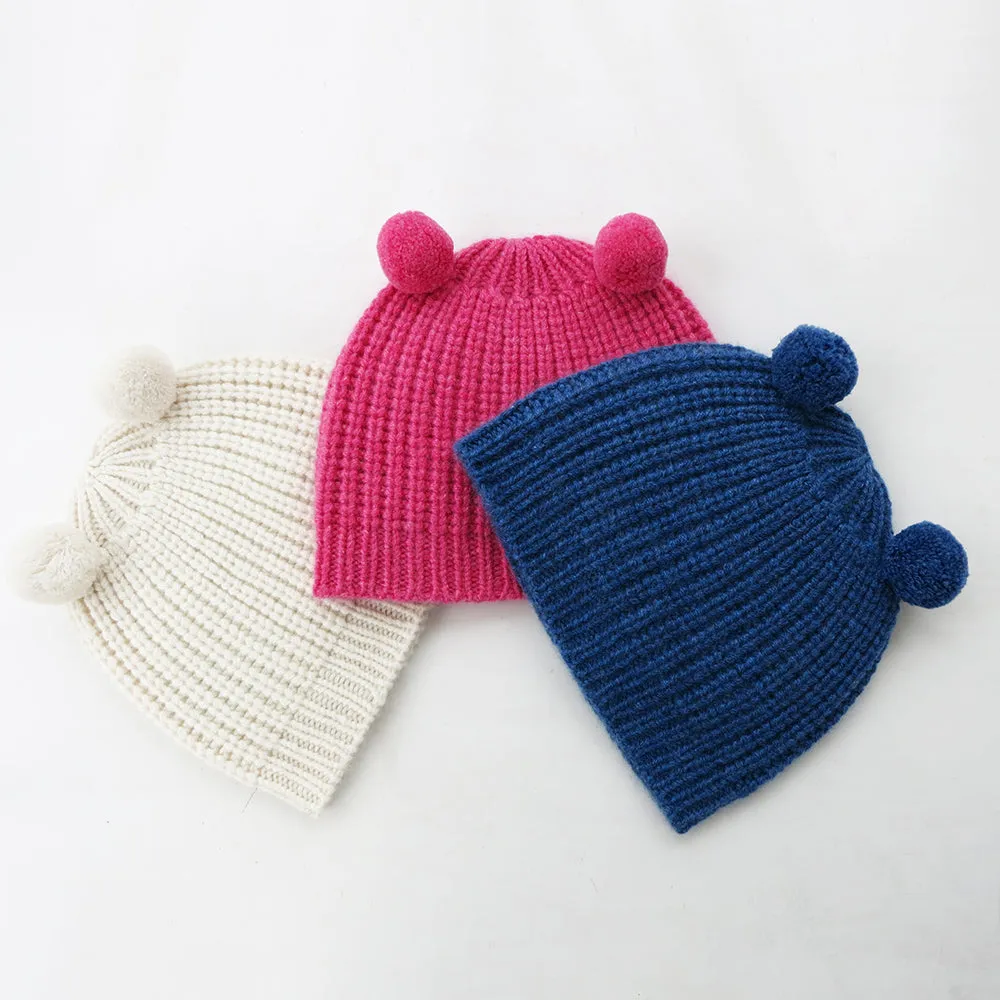 Little Cashmere Beanie with Pom Pom Ears in Ivory