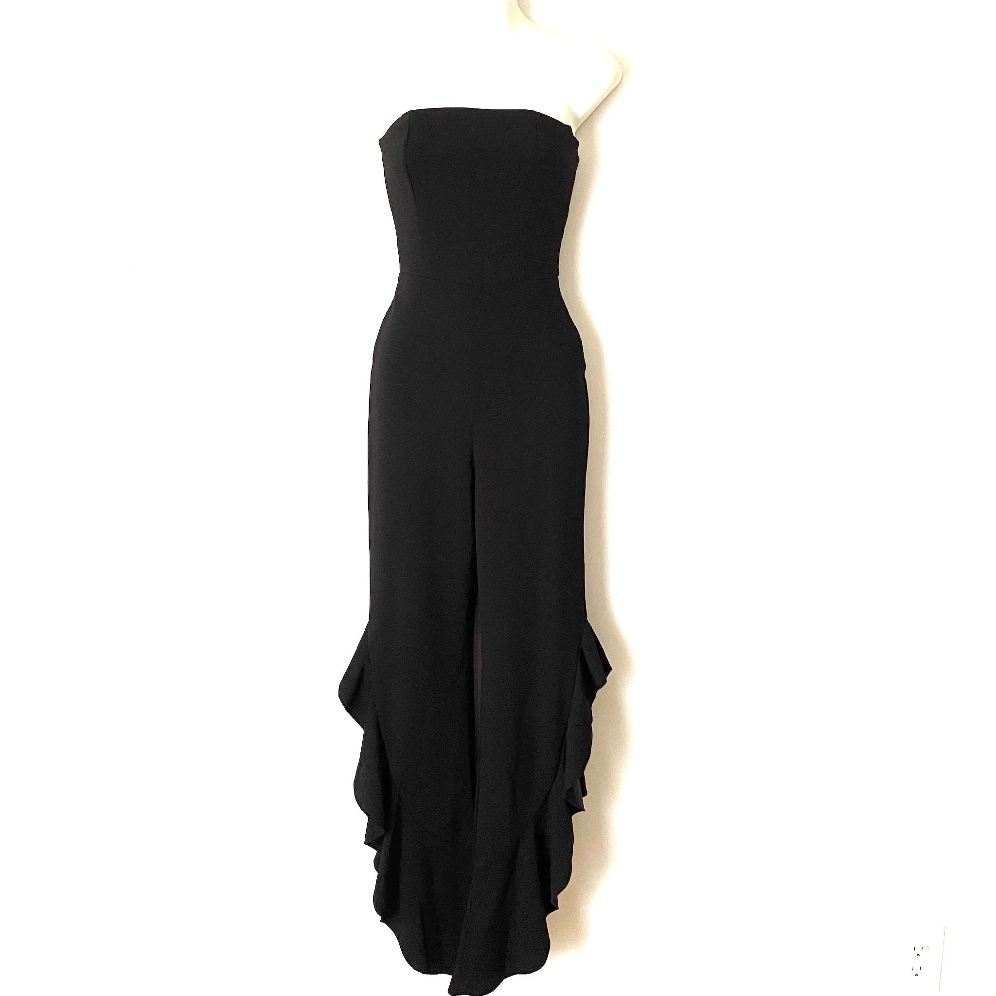 Lulus Black Strapless Ruffle Pant Jumpsuit- Size XS