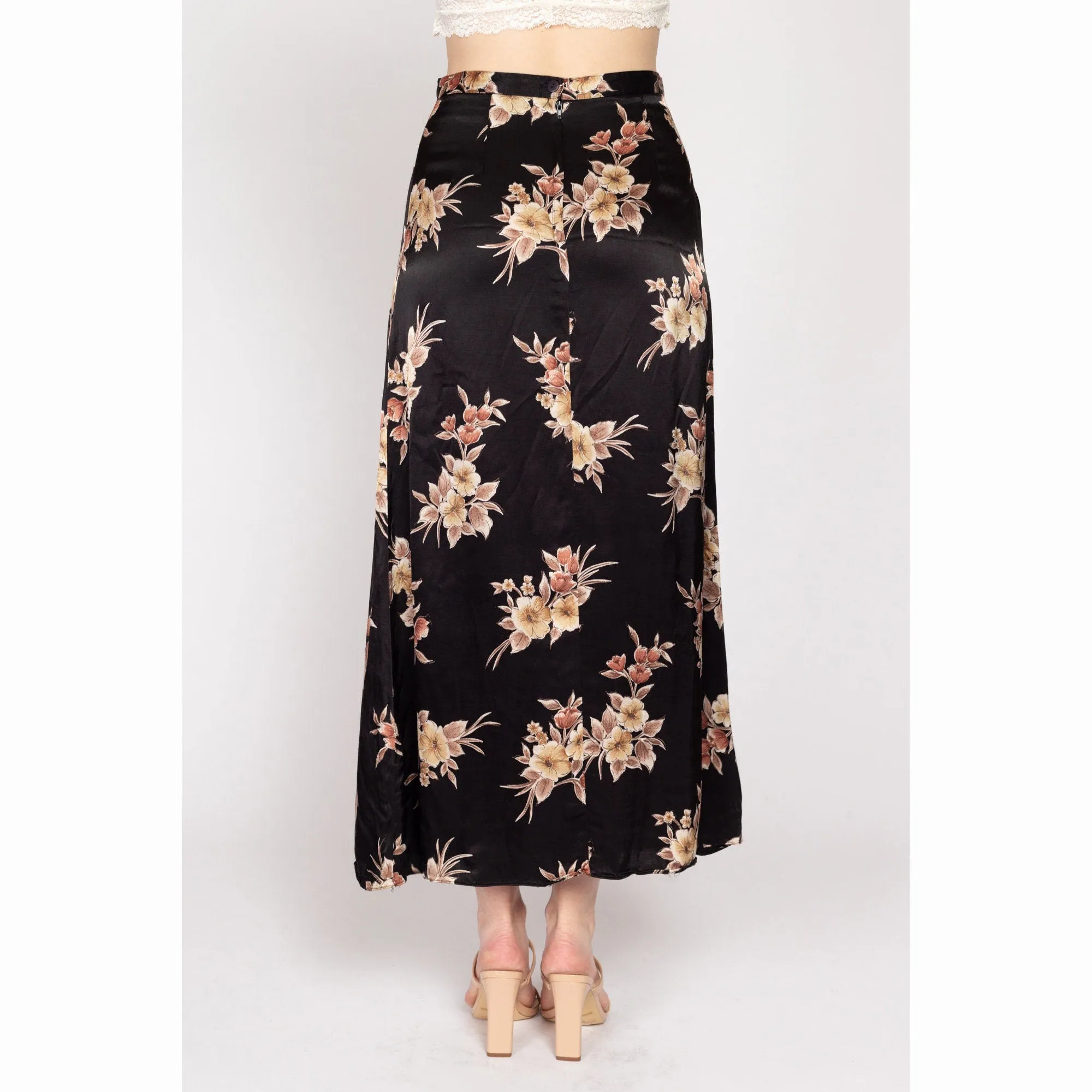Medium 90s Black Floral Satin Maxi Skirt 28"