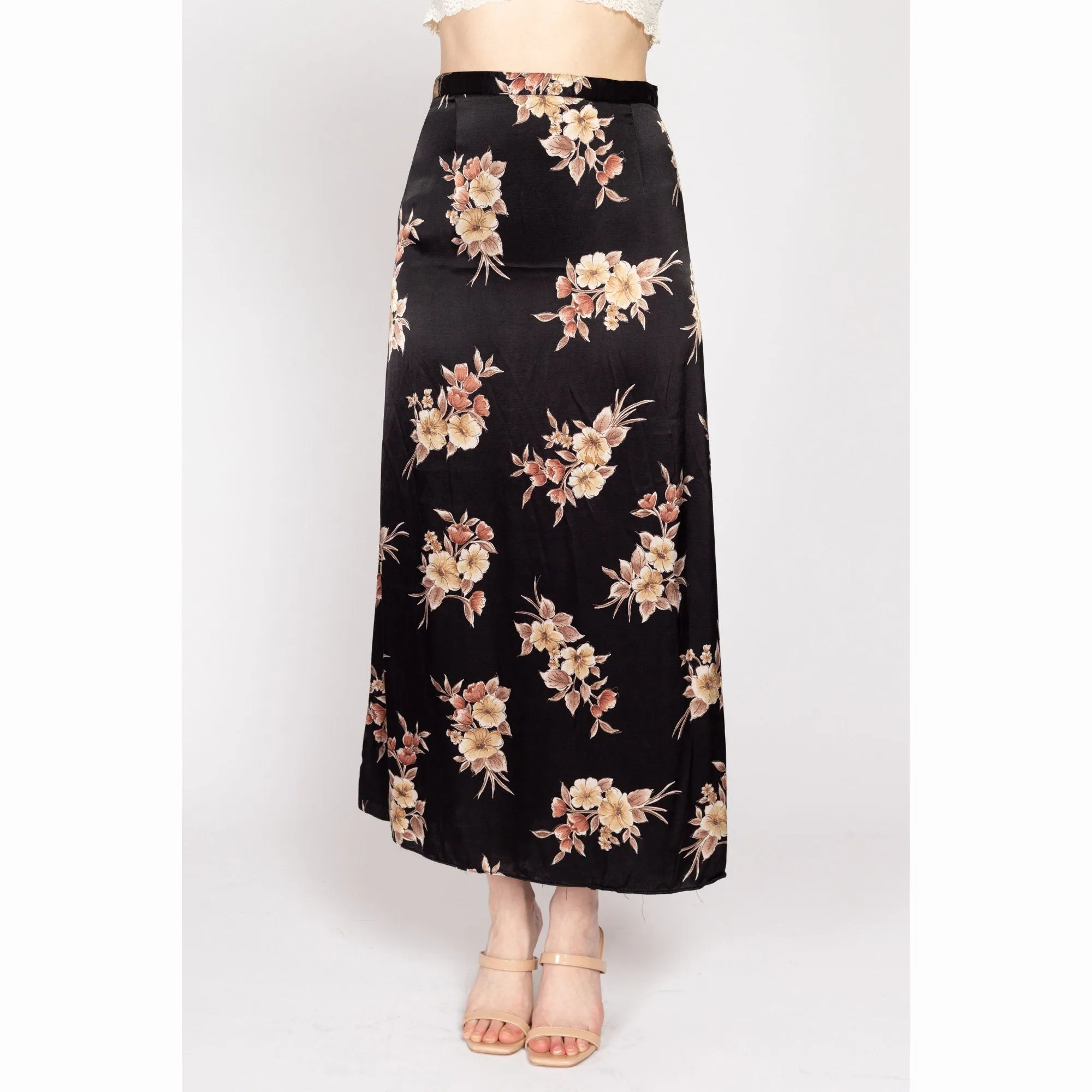 Medium 90s Black Floral Satin Maxi Skirt 28"