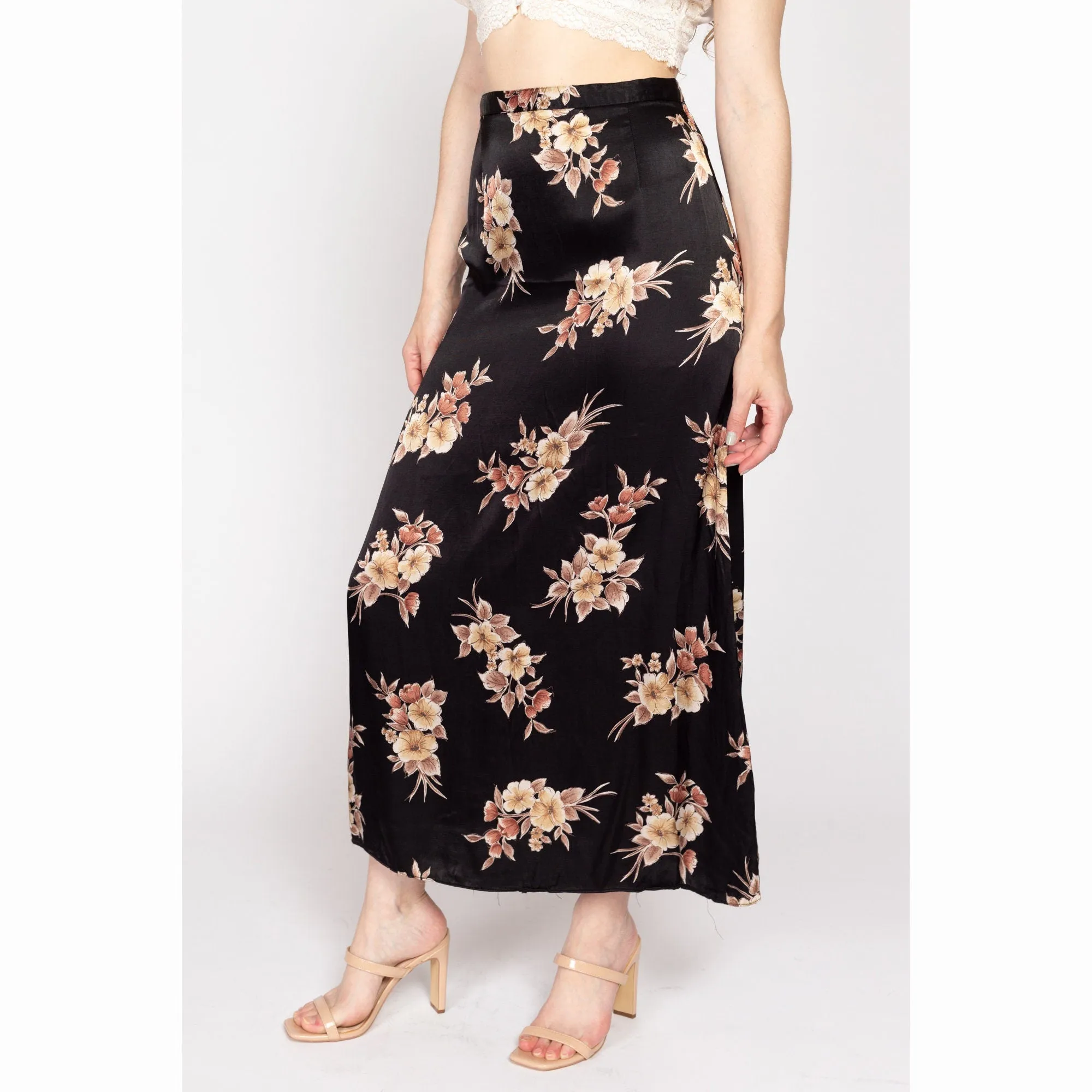 Medium 90s Black Floral Satin Maxi Skirt 28"