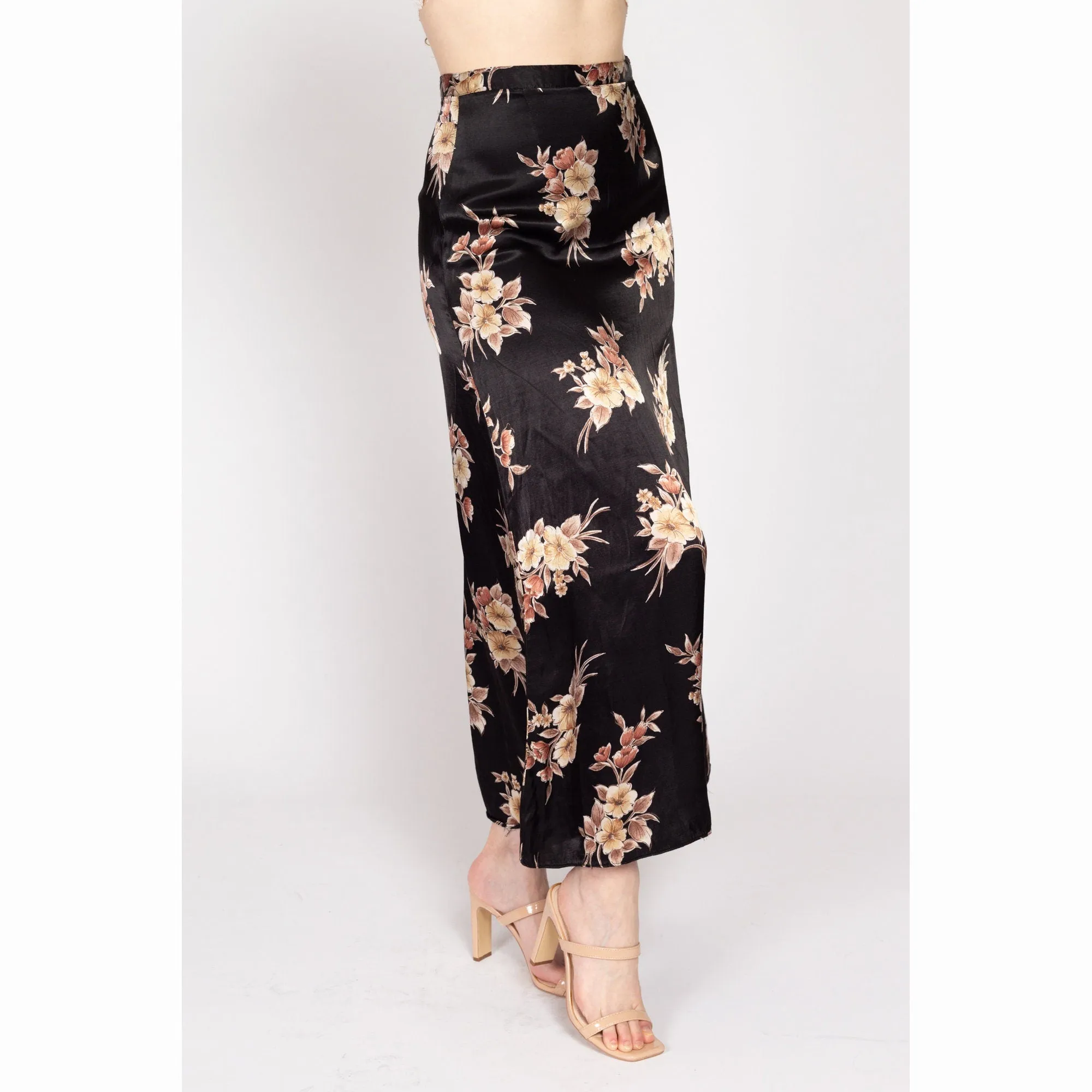 Medium 90s Black Floral Satin Maxi Skirt 28"
