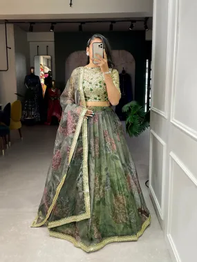 Mehndi Color Printed And Sequins Embroidery Lace Border Organza Lehenga Choli