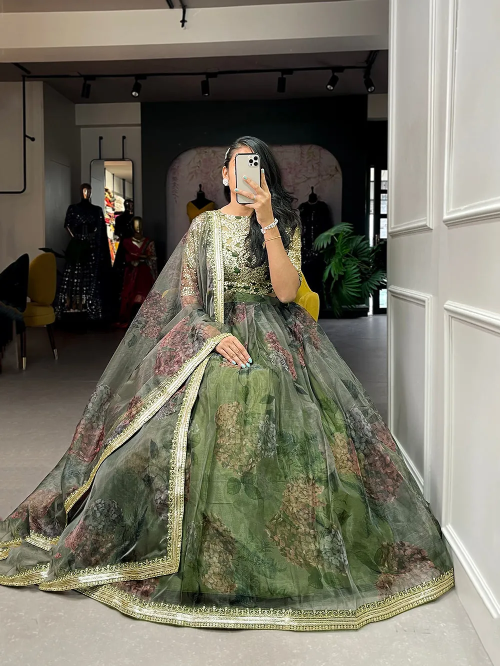 Mehndi Color Printed And Sequins Embroidery Lace Border Organza Lehenga Choli