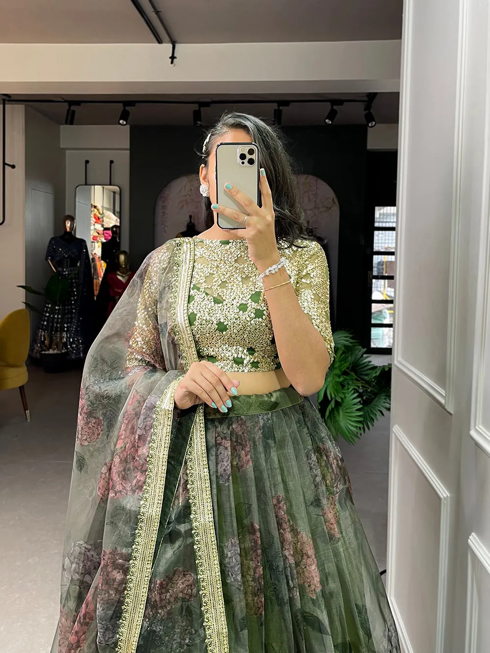 Mehndi Color Printed And Sequins Embroidery Lace Border Organza Lehenga Choli