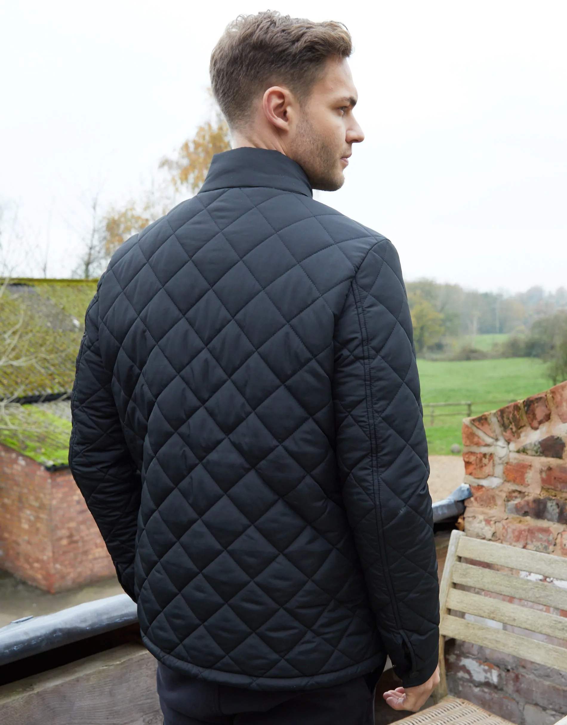 Men's Black Funnel Neck Diamond Quilted Jacket