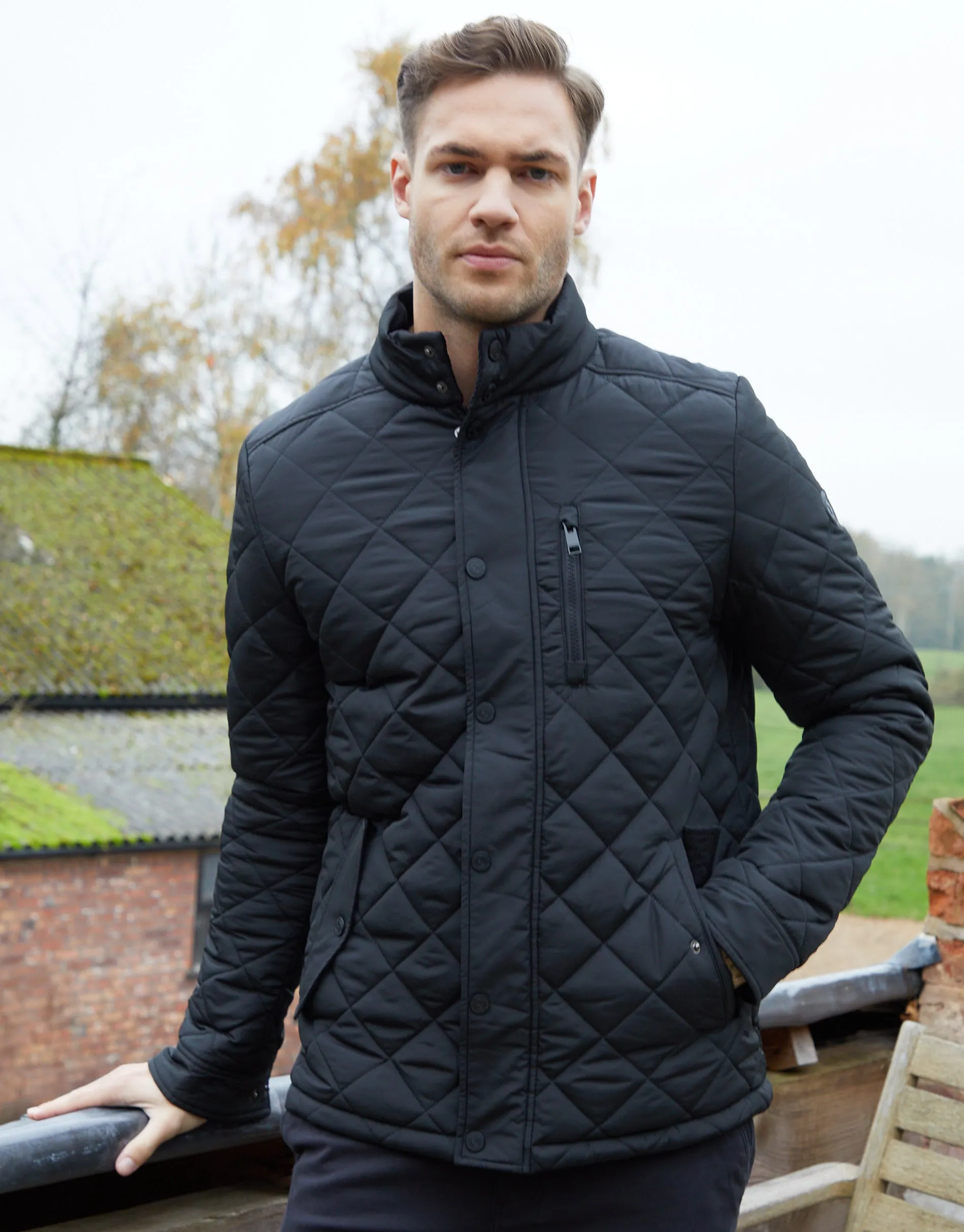 Men's Black Funnel Neck Diamond Quilted Jacket