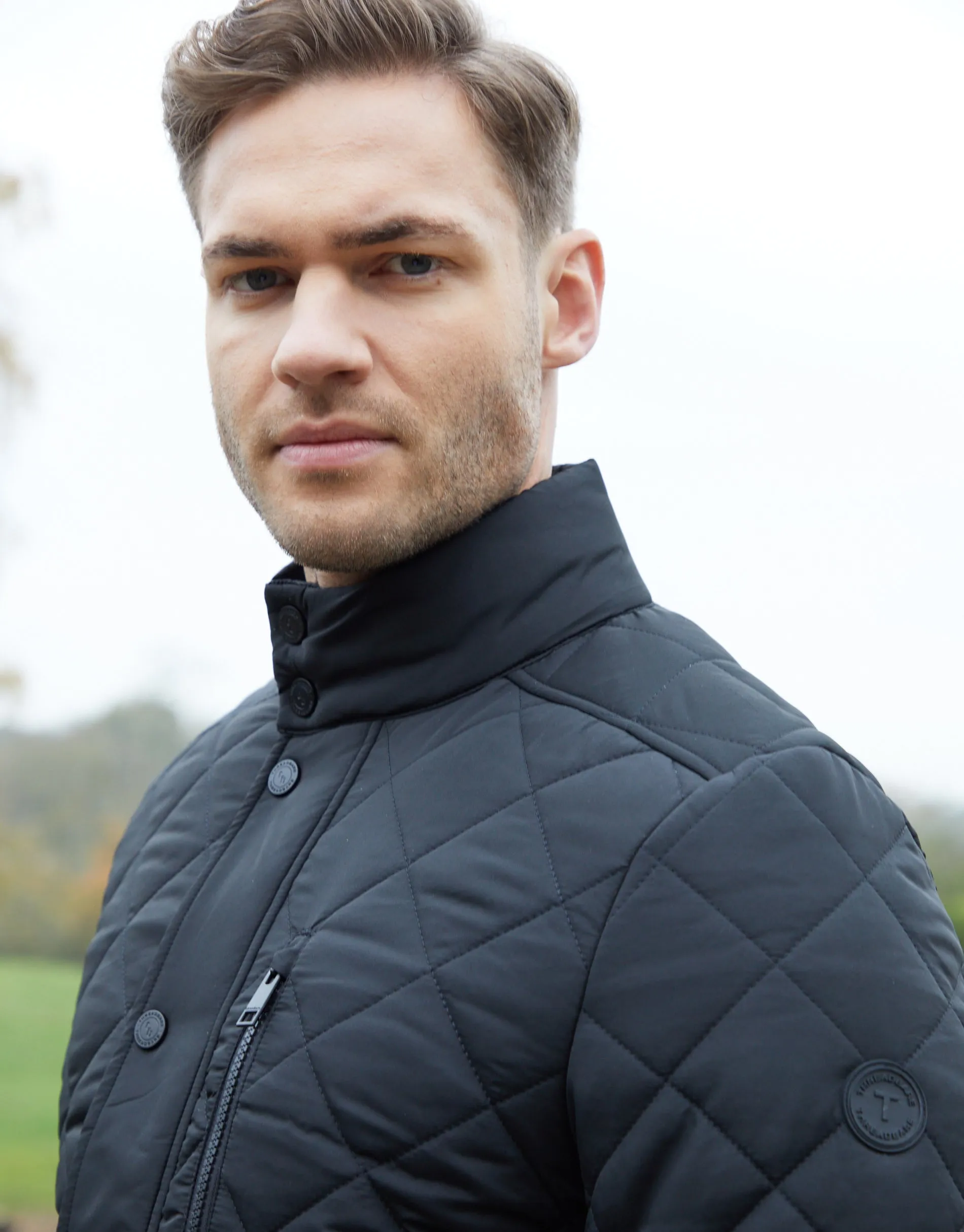 Men's Black Funnel Neck Diamond Quilted Jacket