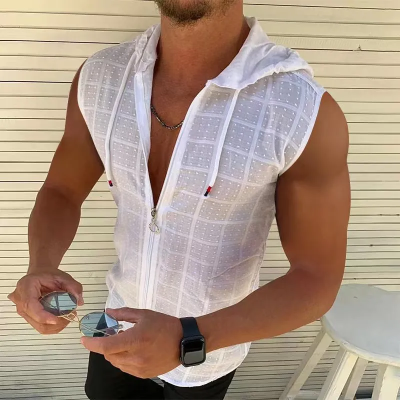 Men's Trendy Plaid Sleeveless Hooded T-shirt