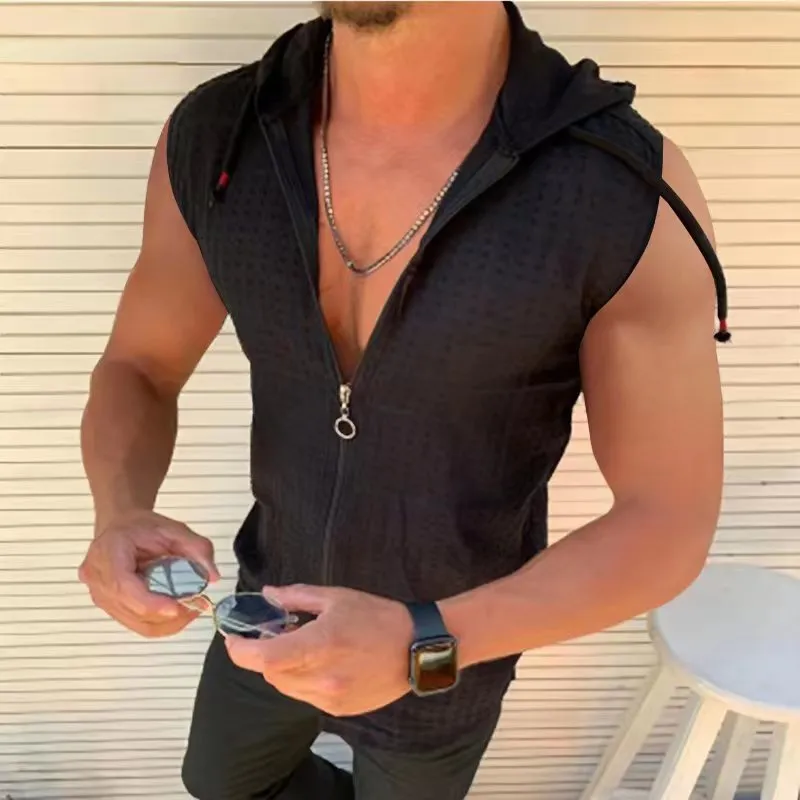 Men's Trendy Plaid Sleeveless Hooded T-shirt