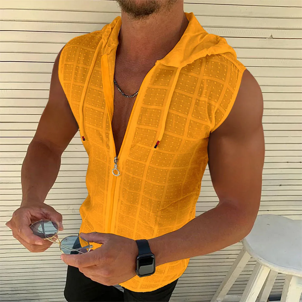Men's Trendy Plaid Sleeveless Hooded T-shirt