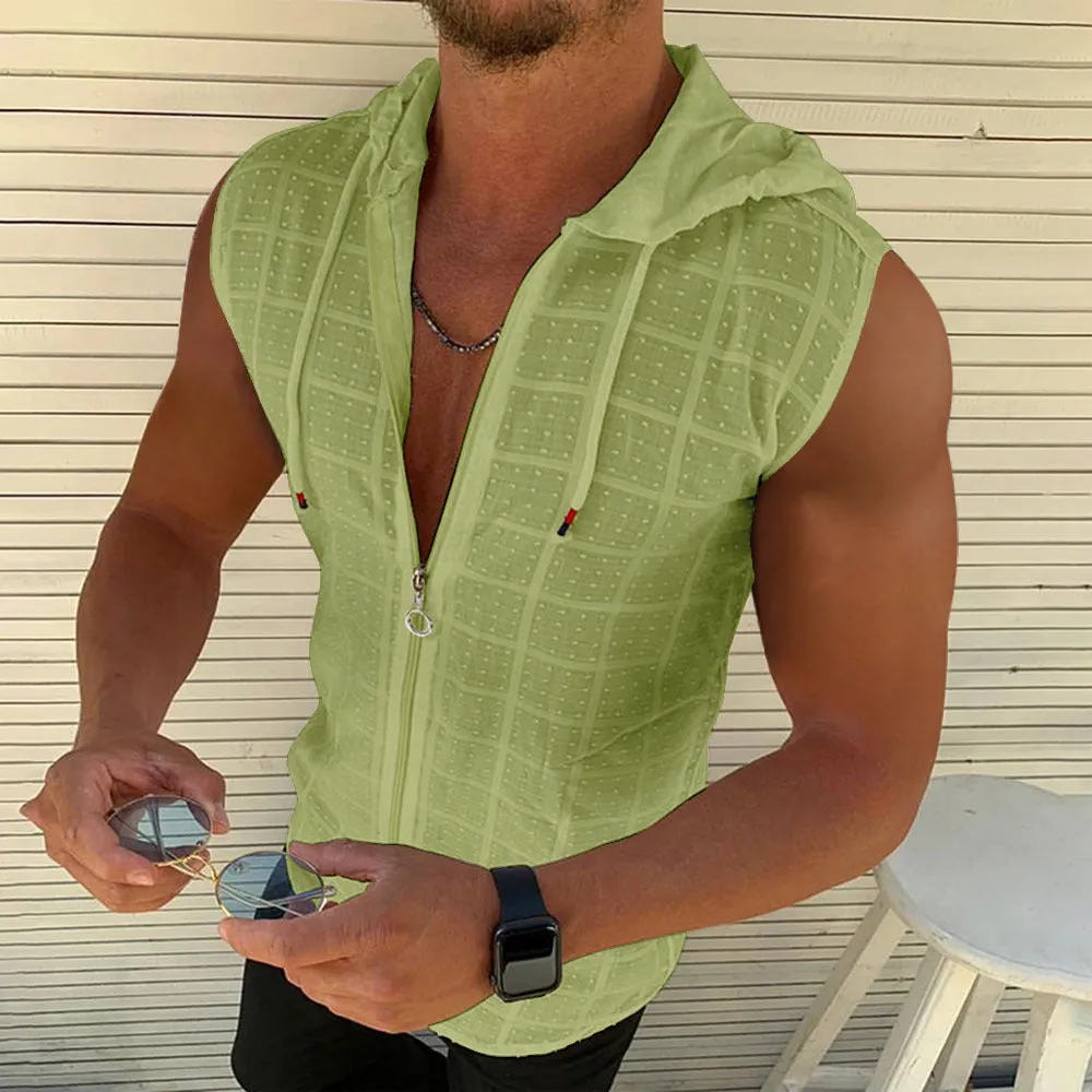 Men's Trendy Plaid Sleeveless Hooded T-shirt