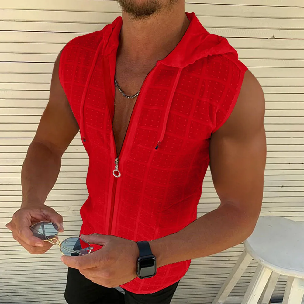 Men's Trendy Plaid Sleeveless Hooded T-shirt
