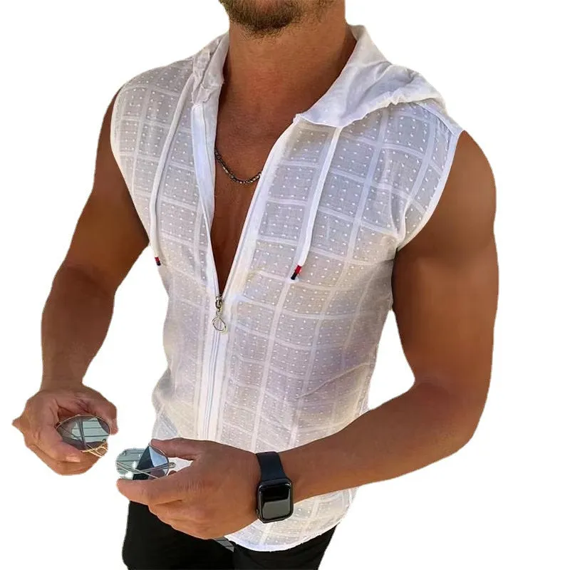 Men's Trendy Plaid Sleeveless Hooded T-shirt