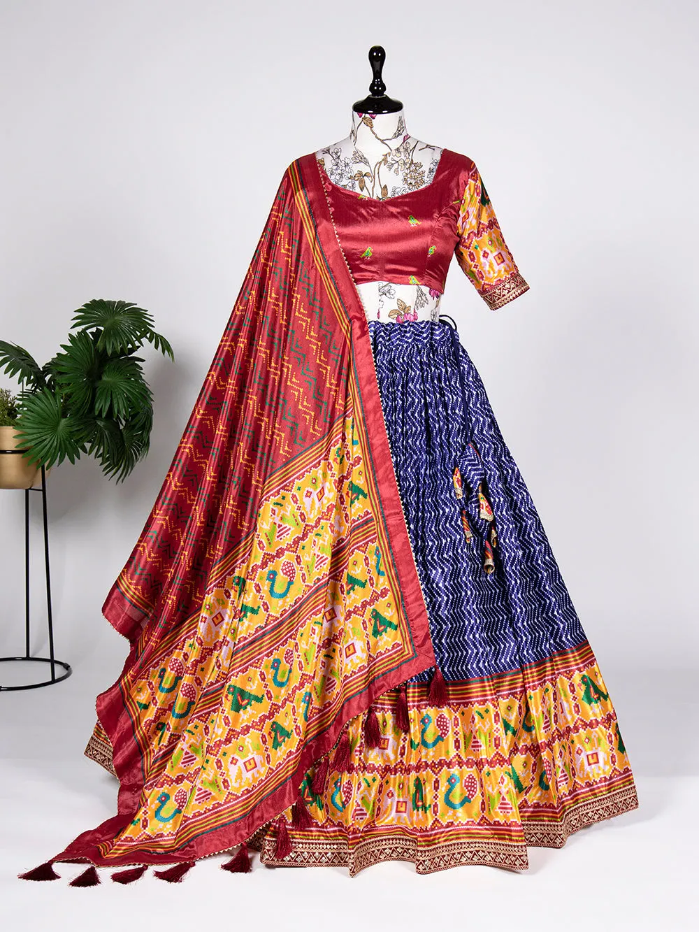 Navy Blue Color Gujarati Patola Print and Sequins Embroidery Chinon Lehenga Choli