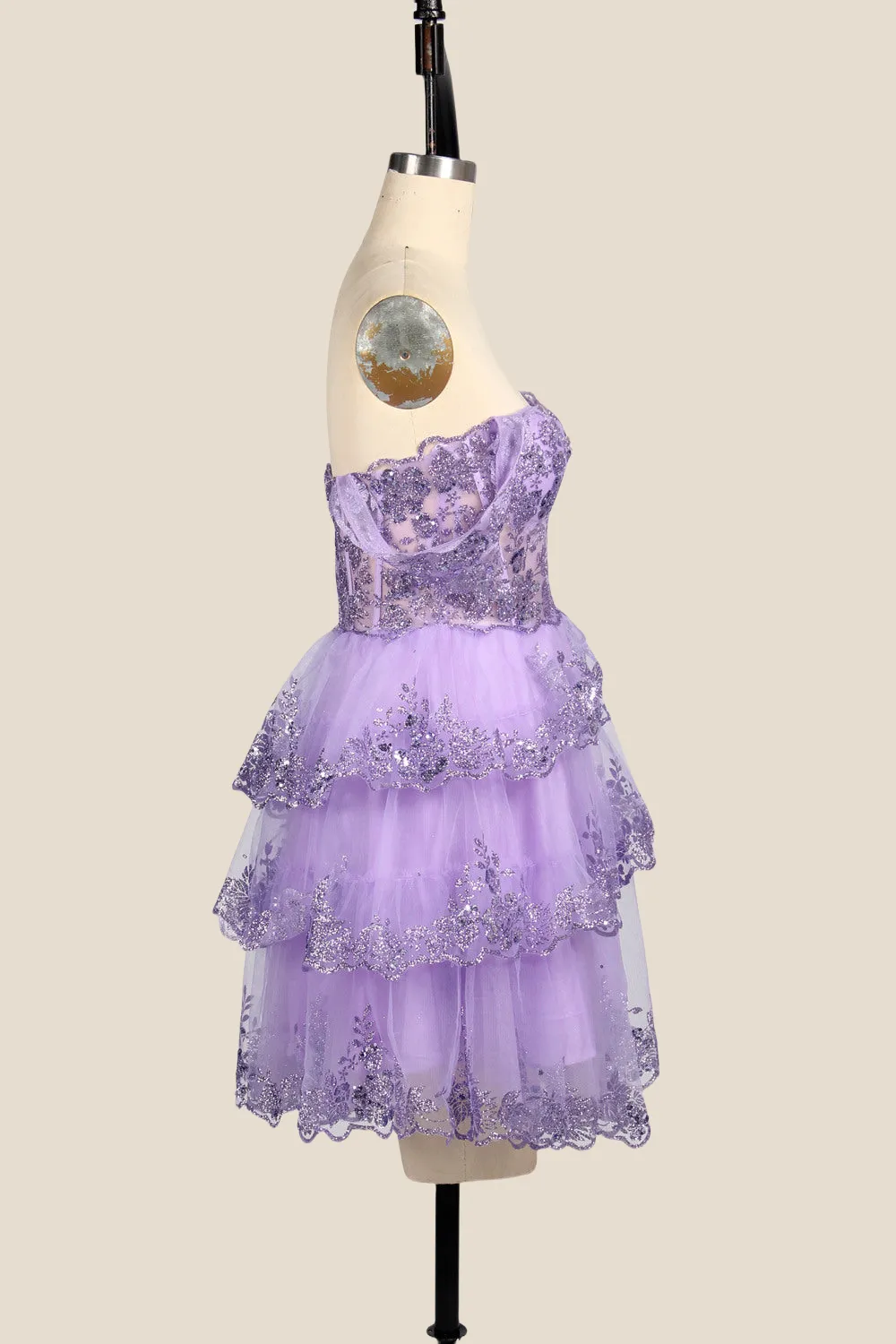 Off the Shoulder Lavender Sequin Tiered Short Dress