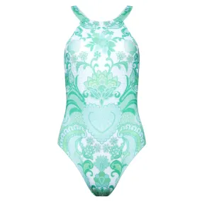 Olympic one-piece swimsuit emerald heart print