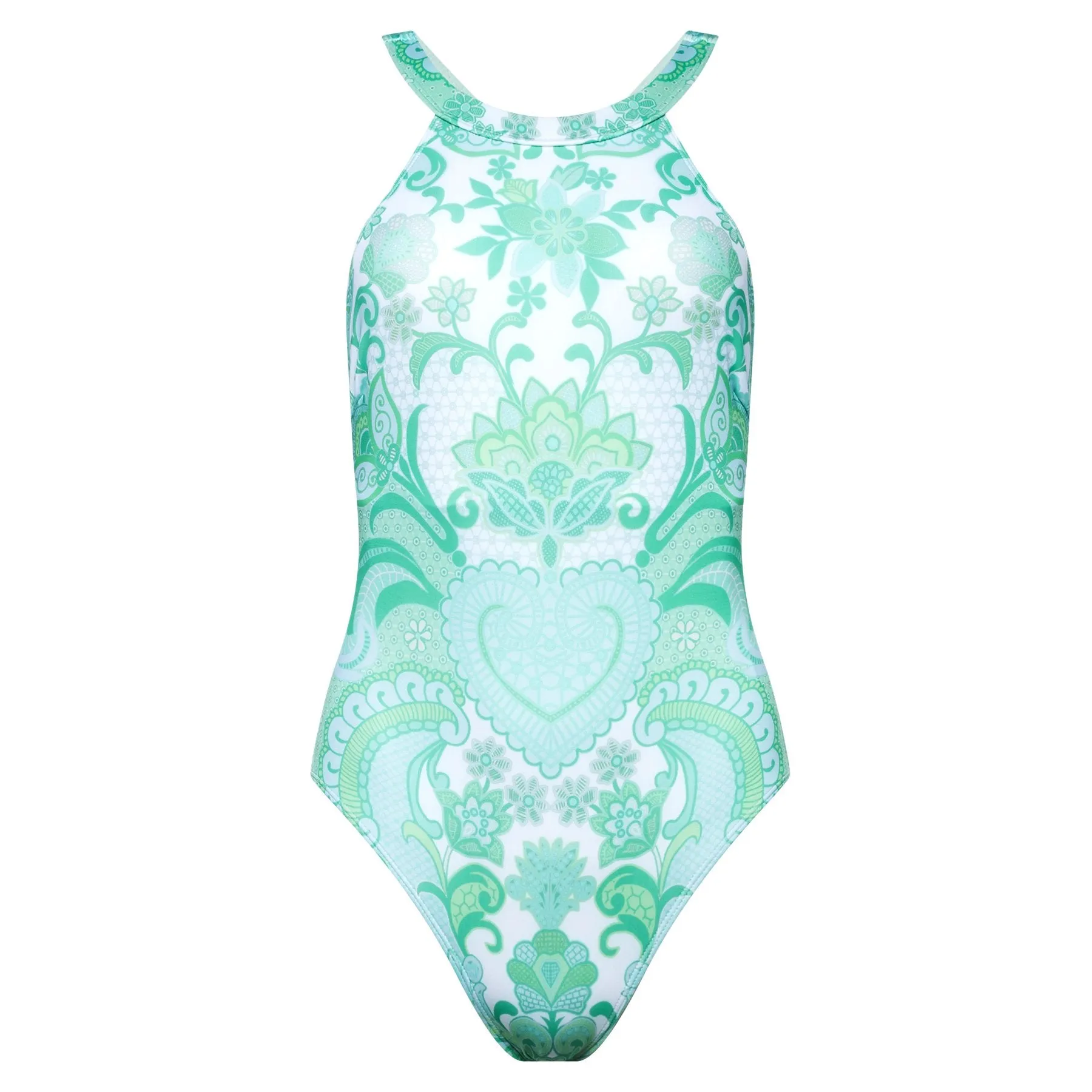 Olympic one-piece swimsuit emerald heart print