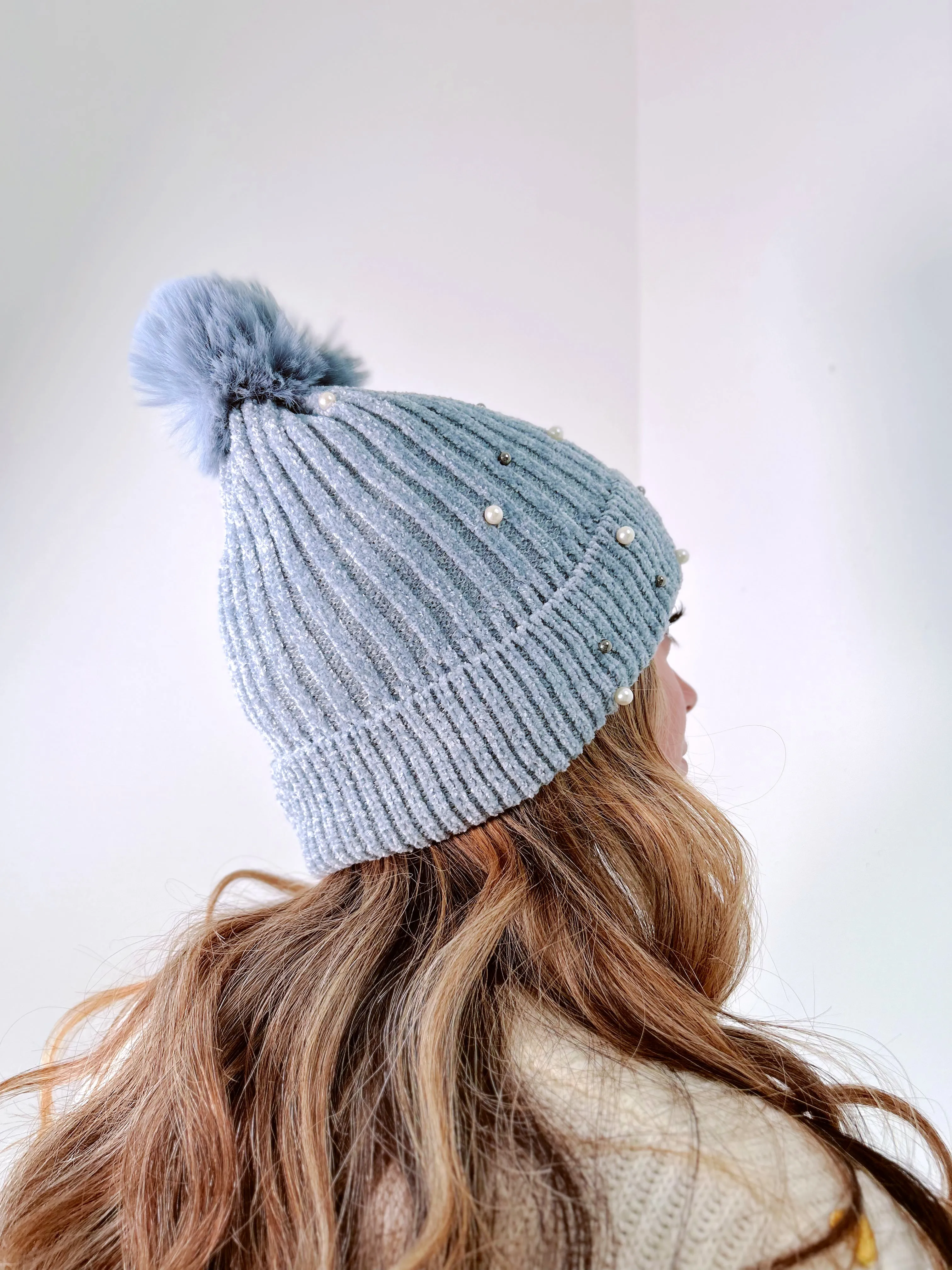 Pearla Adorned Pom Beanie - Grey