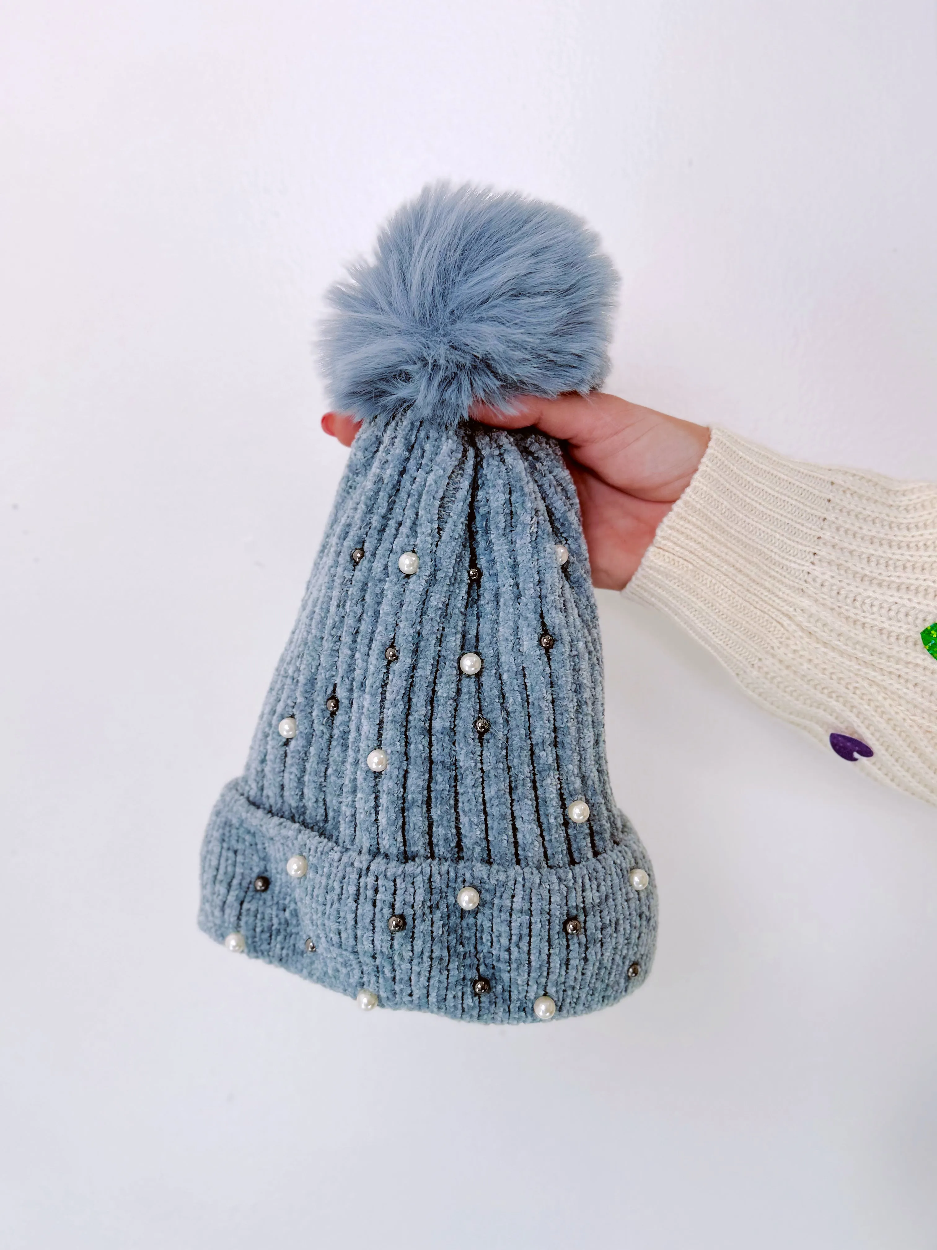 Pearla Adorned Pom Beanie - Grey