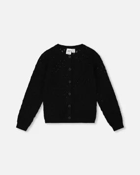 Pointelle Knit Cardigan Sweater Black