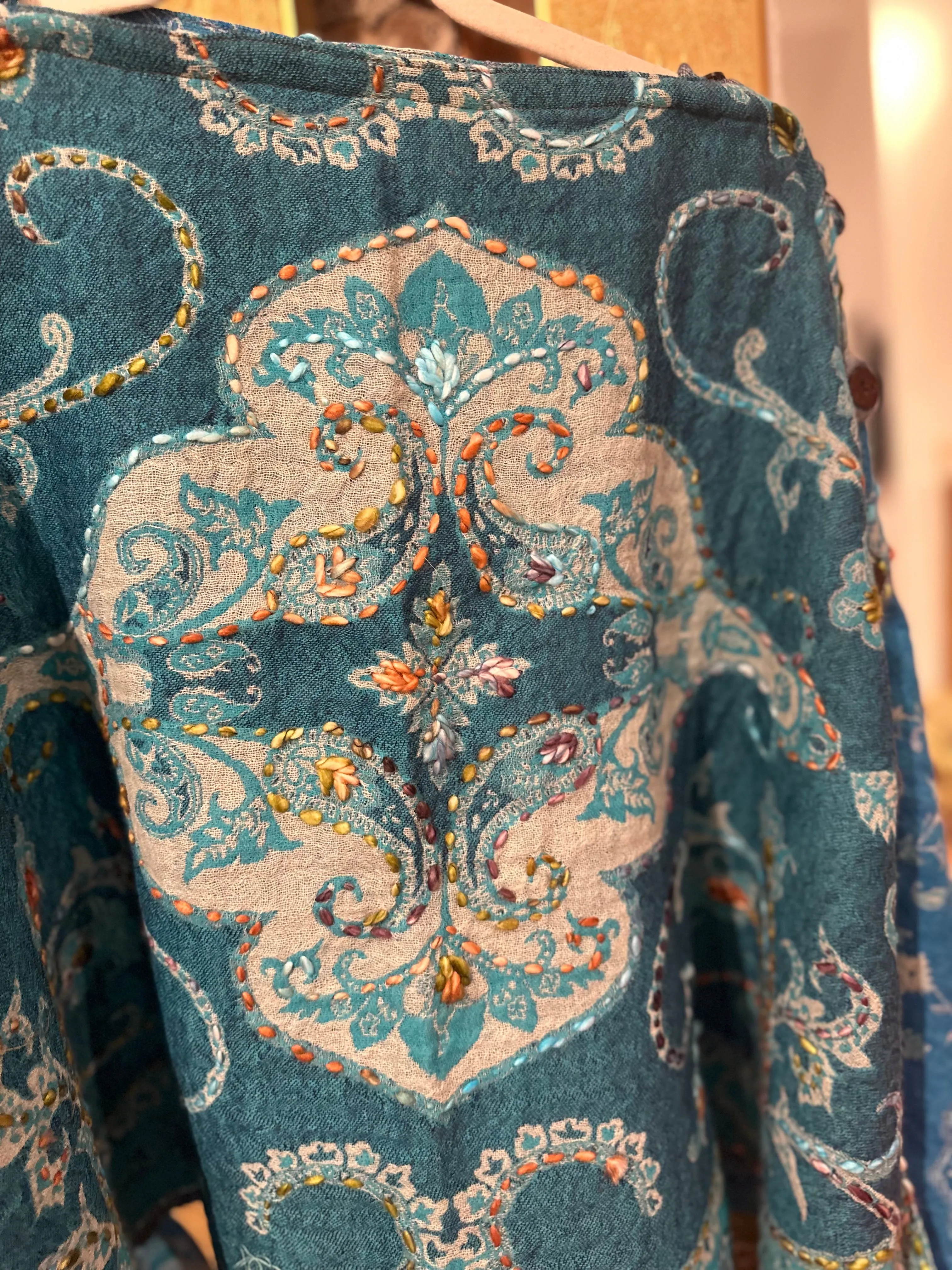 Pure wool reversible embroidered cape - turquoise