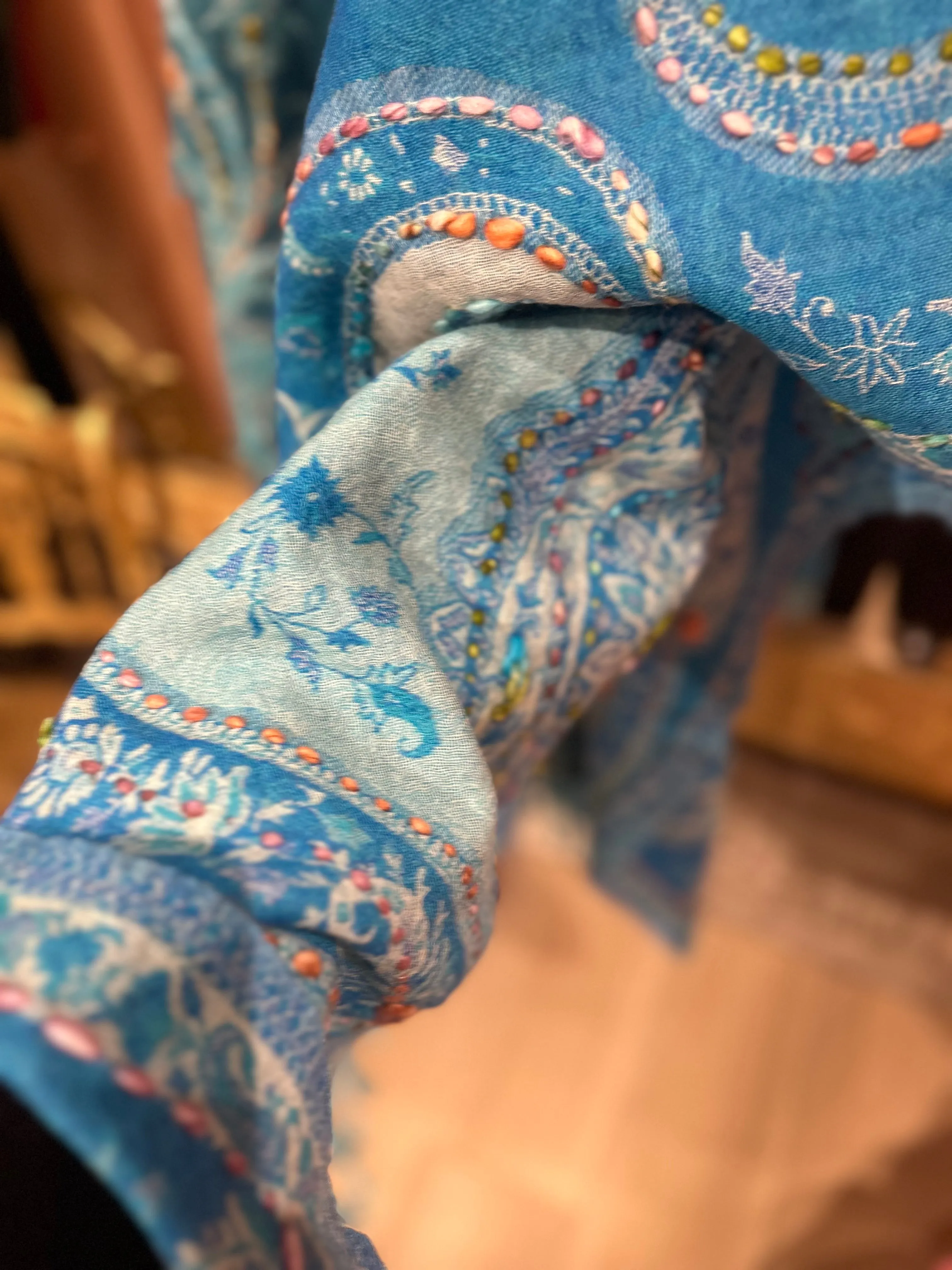 Pure wool reversible embroidered cape - turquoise