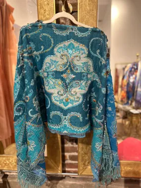 Pure wool reversible embroidered cape - turquoise