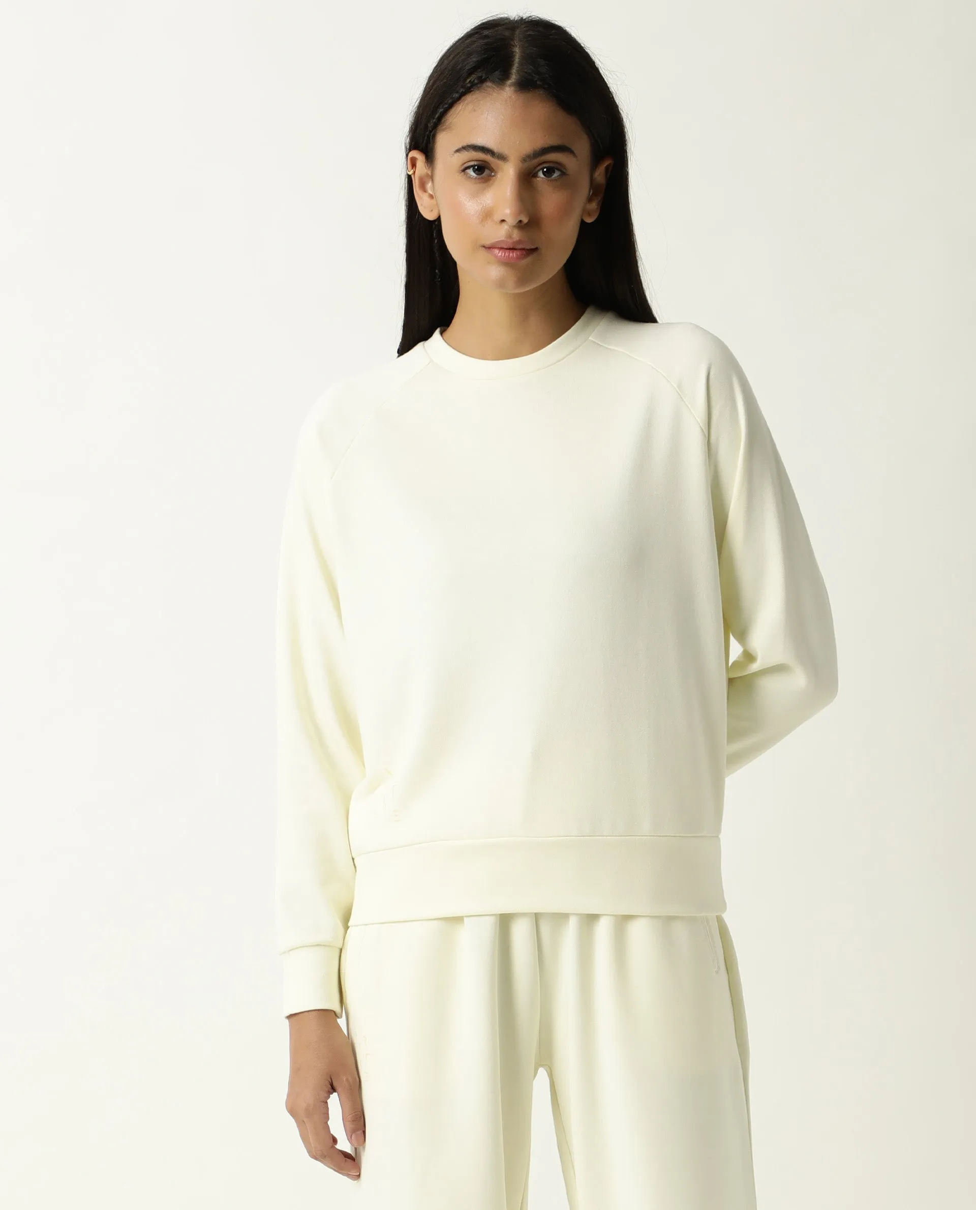 Rareism Women Cax Light Yellow Cotton Blend Fabric Relaxed Fit Full Sleeves Solid Round Neck Sweatshirt
