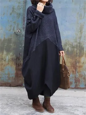 Retro High Neck Stitching Women'S Sweater Dress