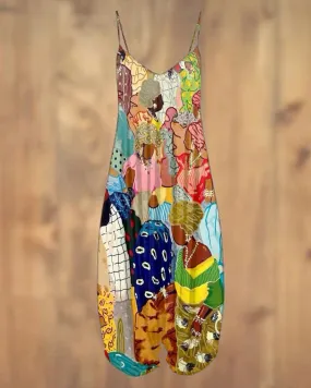 Retro Pattern Print Suspender Jumpsuit