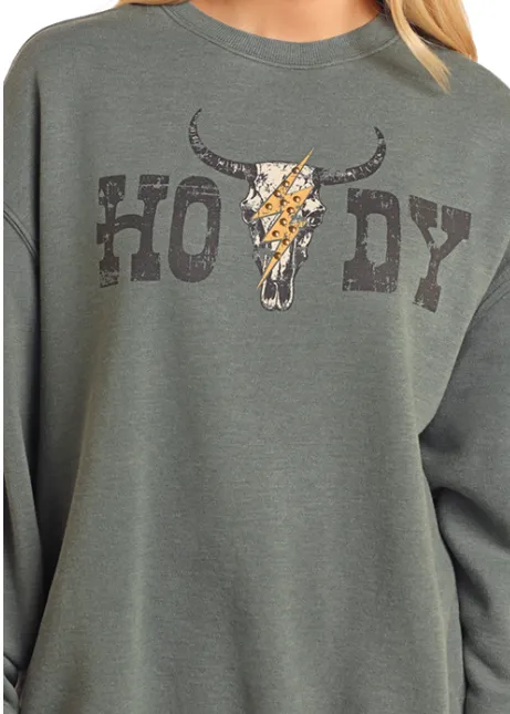 Rock & Roll Cowgirl Women's Teal Howdy Steerhead Oversized Pullover BW91T05409