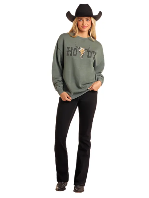 Rock & Roll Cowgirl Women's Teal Howdy Steerhead Oversized Pullover BW91T05409