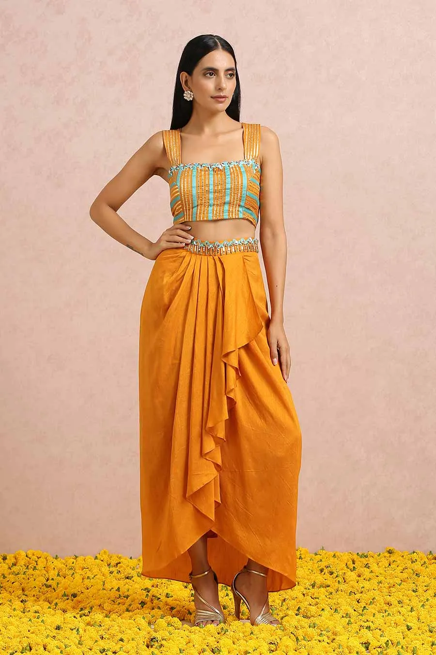 Rust Silk Dhoti Set With Teal Cape