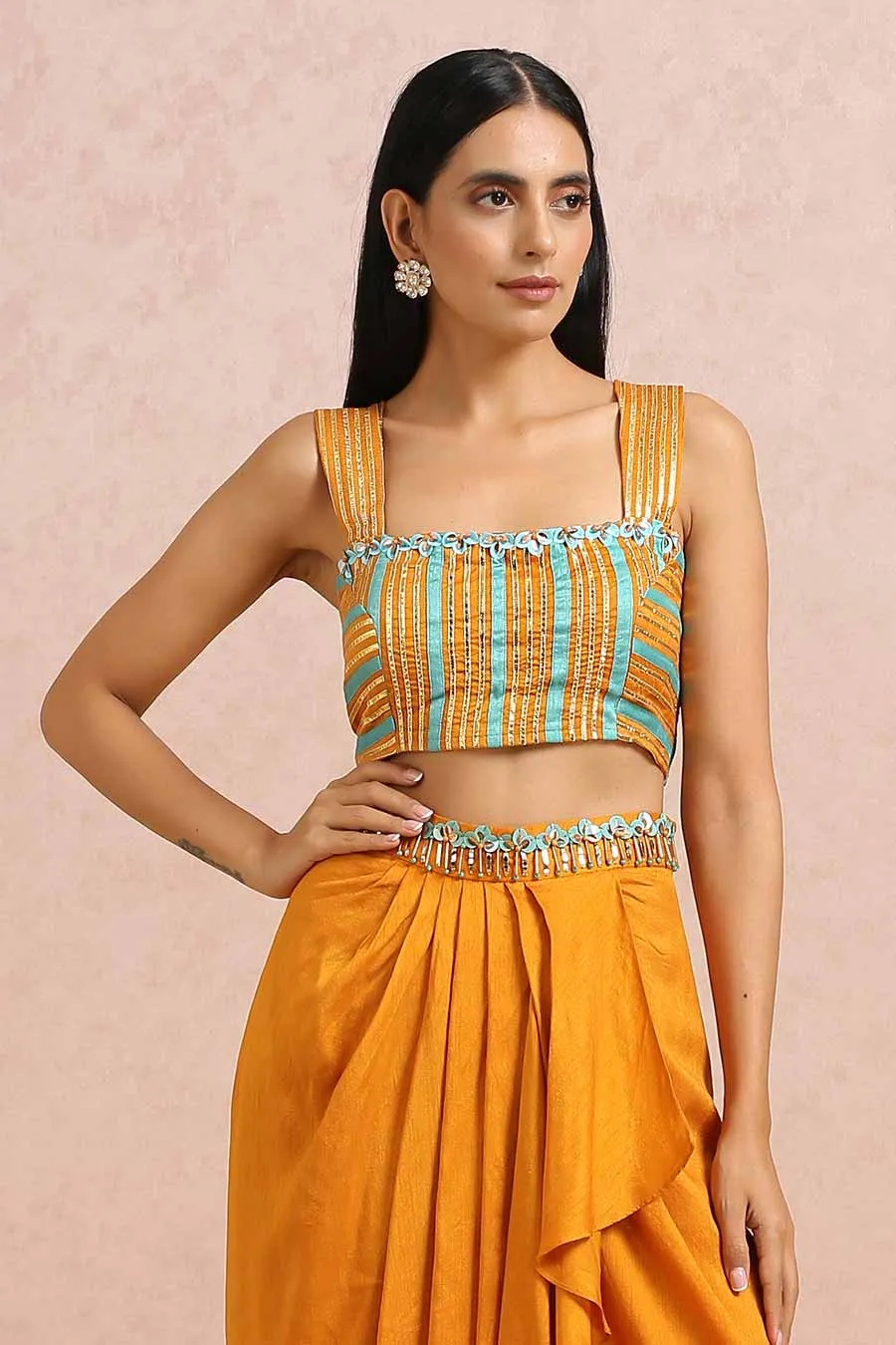 Rust Silk Dhoti Set With Teal Cape