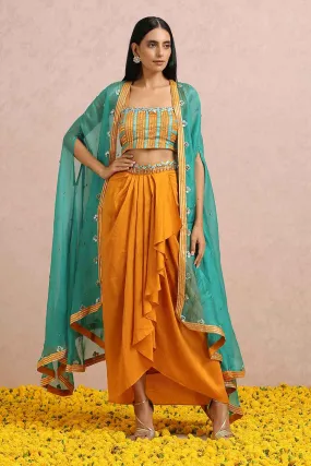 Rust Silk Dhoti Set With Teal Cape